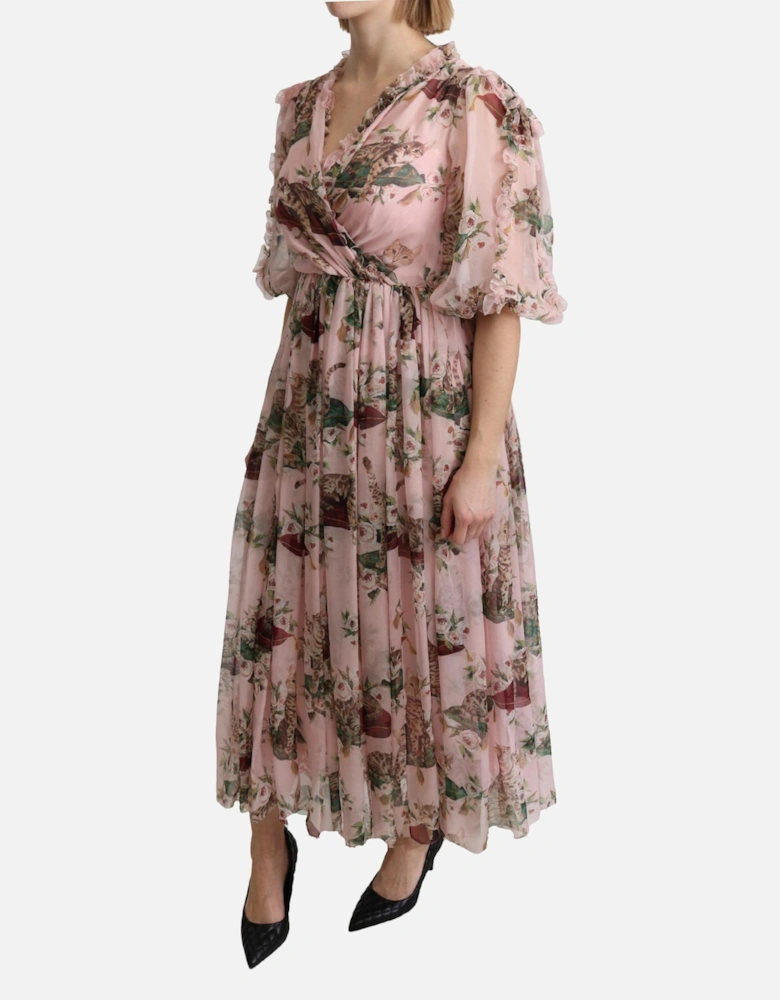 Cat Print Silk Midi Dress Women - Pink Dresses