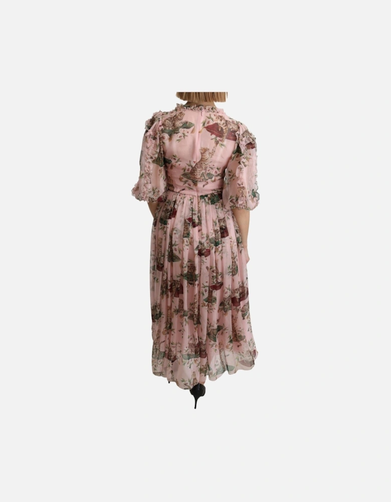 Cat Print Silk Midi Dress Women - Pink Dresses