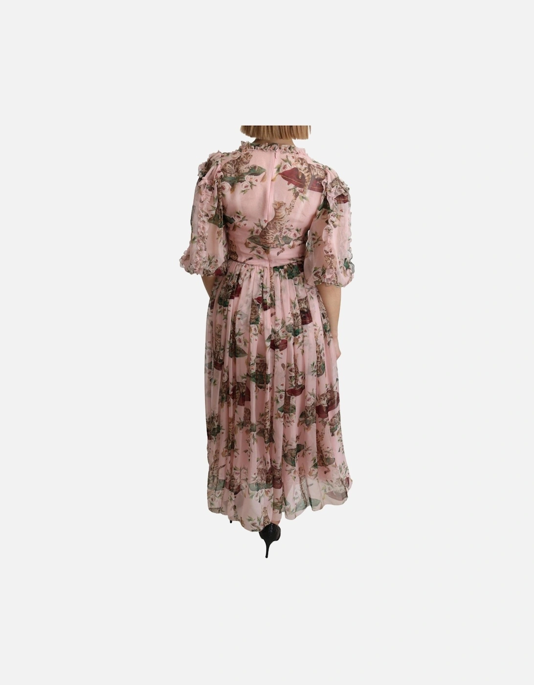 Cat Print Silk Midi Dress Women - Pink Dresses
