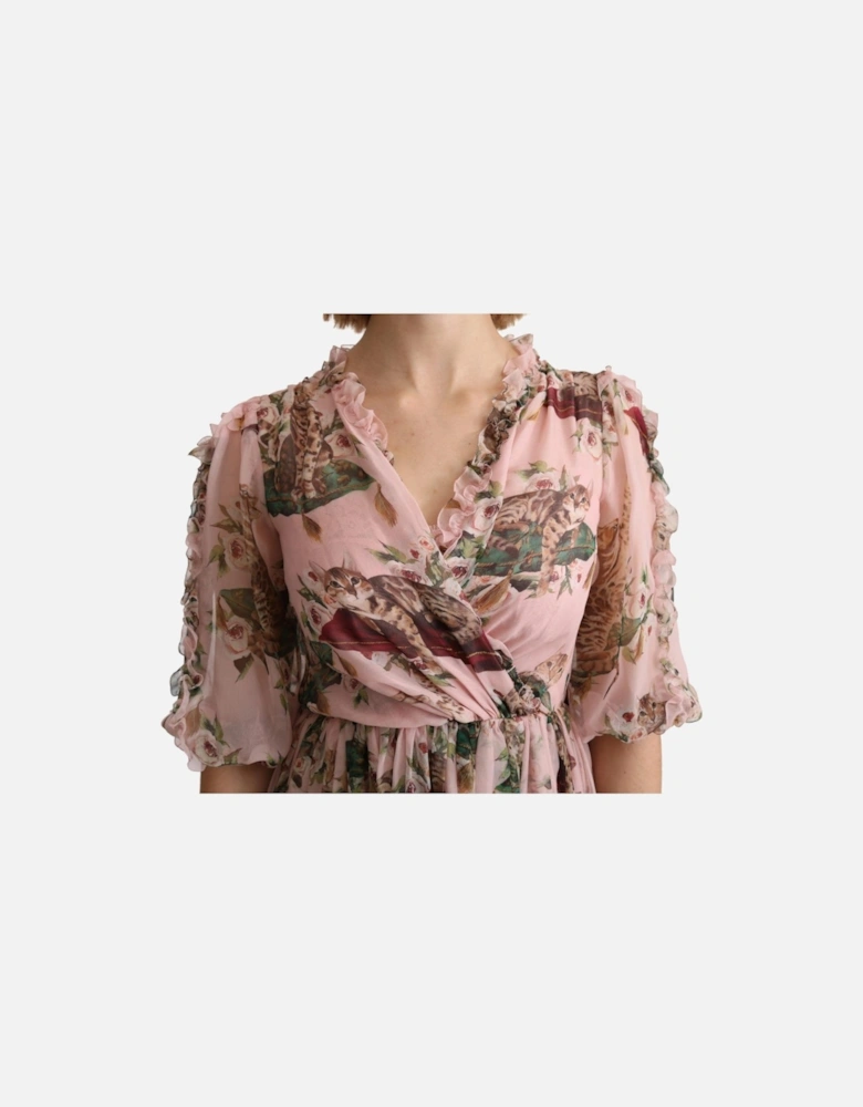Cat Print Silk Midi Dress Women - Pink Dresses