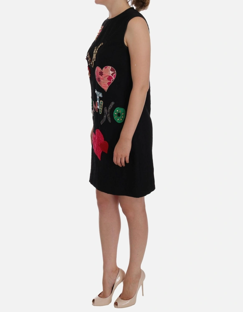 Sleeveless Mini Shift Dress with Multicolor Applique Women - Black