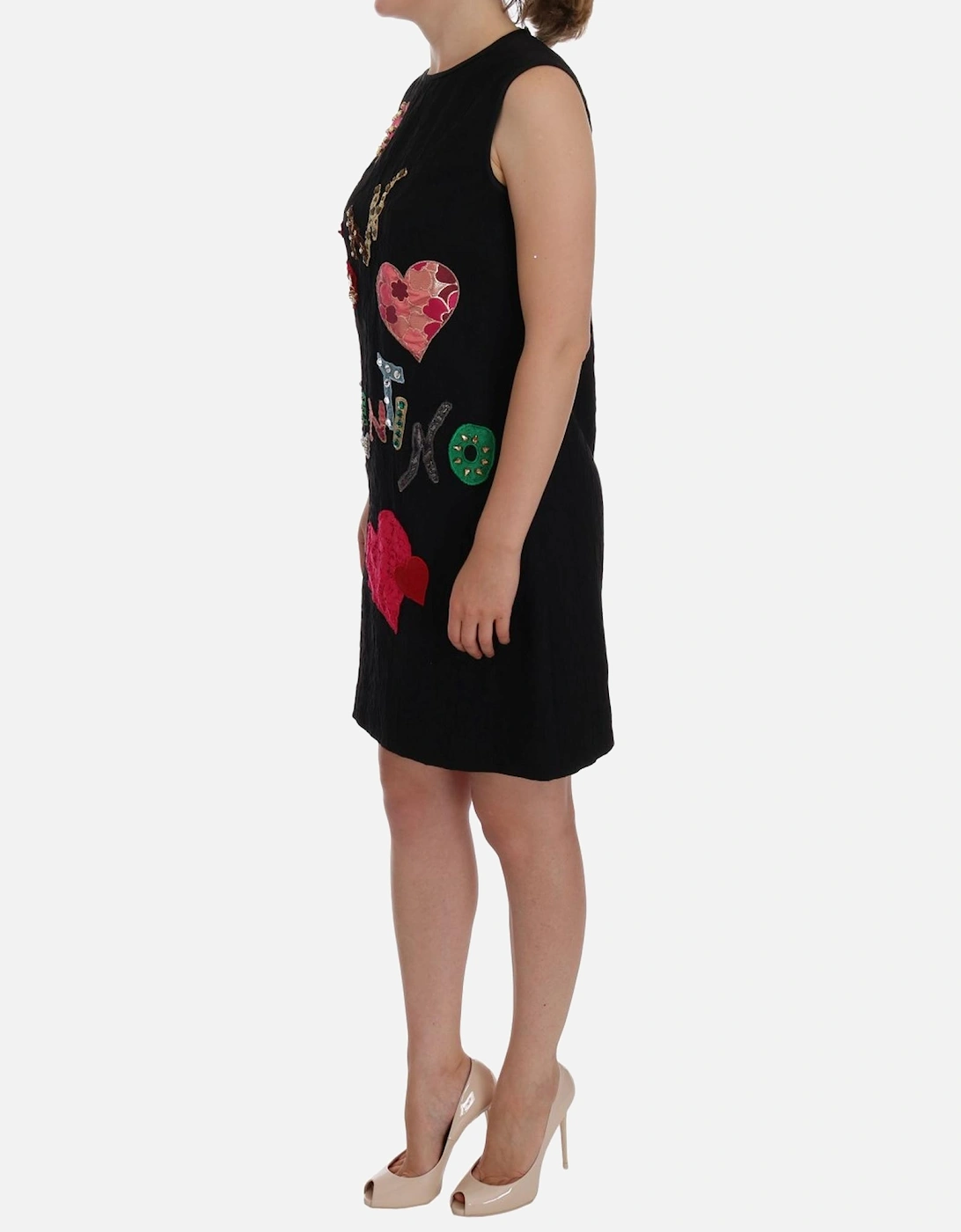 Sleeveless Mini Shift Dress with Multicolor Applique Women - Black