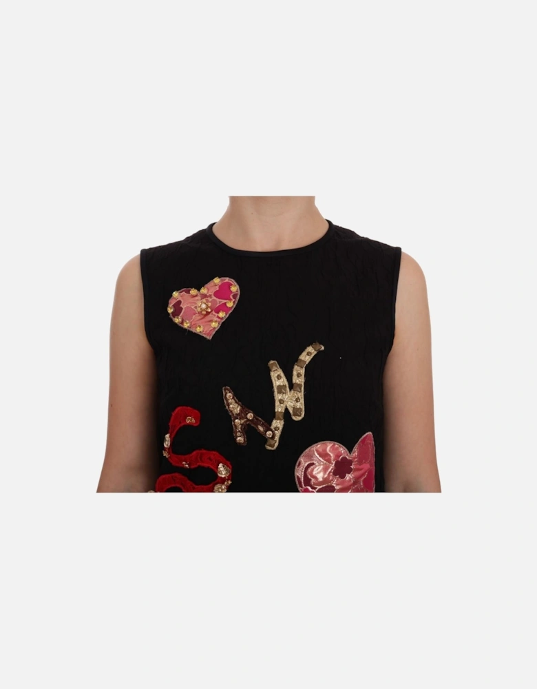 Sleeveless Mini Shift Dress with Multicolor Applique Women - Black
