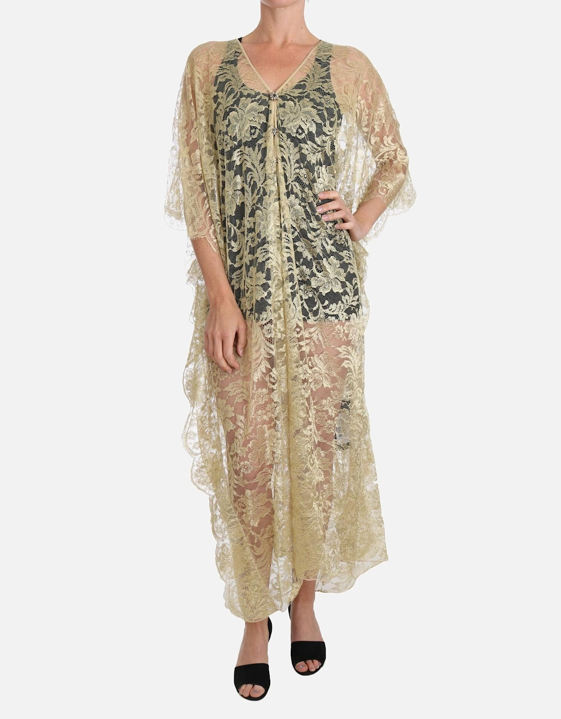 Lace Maxi Dress VNeck 34 Sleeves Women - Gold Dresses, 6 of 5