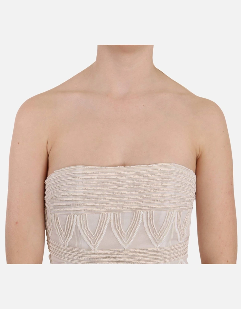 Beaded Mini Dress Strapless Style Women - Beige Dresses