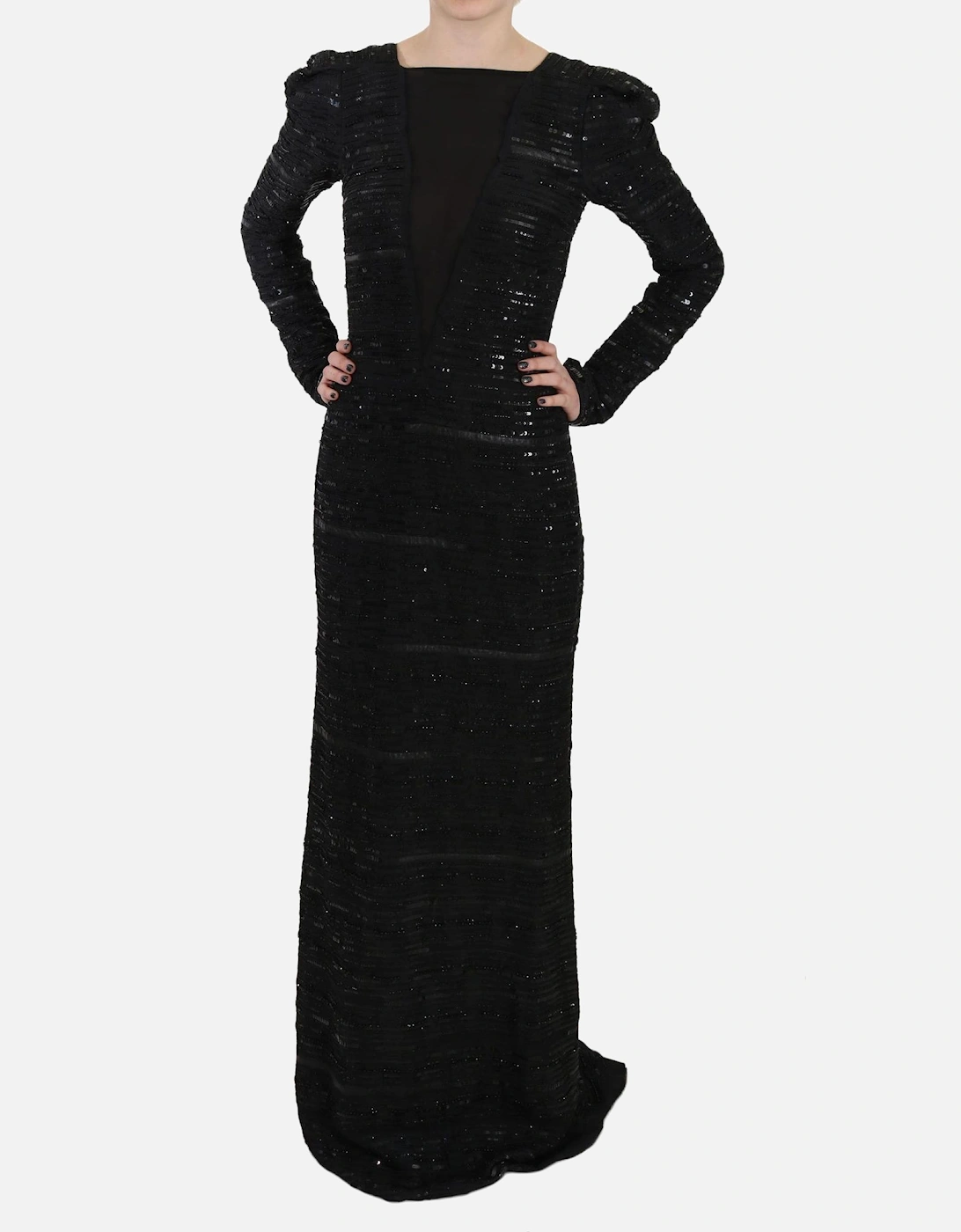 Long Sleeve Sheath Maxi Dress with Sequins Women - Black Dresses, 6 of 5