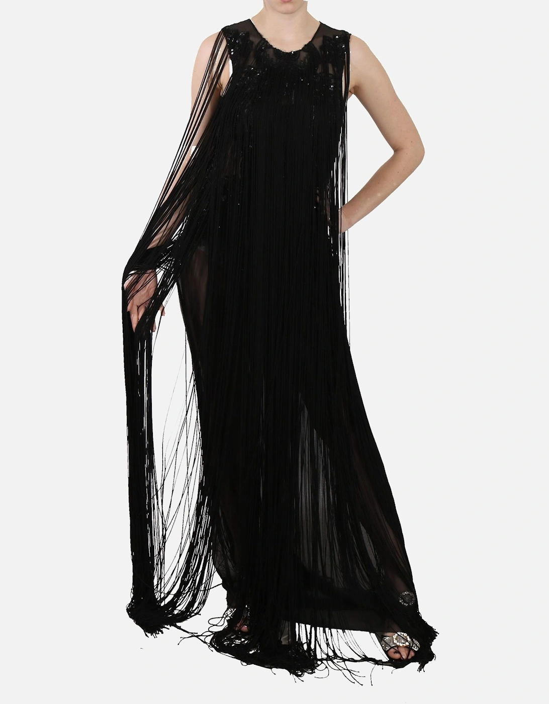 Maxi Dress Sleeveless Fringe Women - Black Dresses, 6 of 5