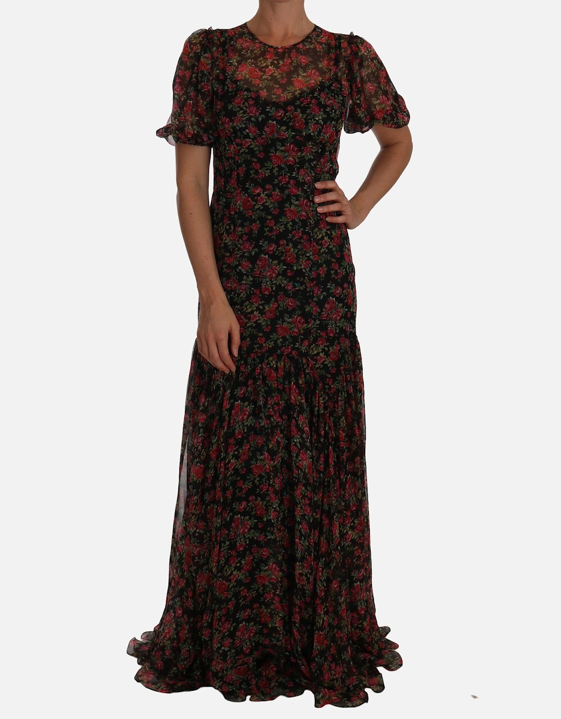 FloralPrint Silk Chiffon Gown Maxi Dress Women - Black Dresses, 5 of 4