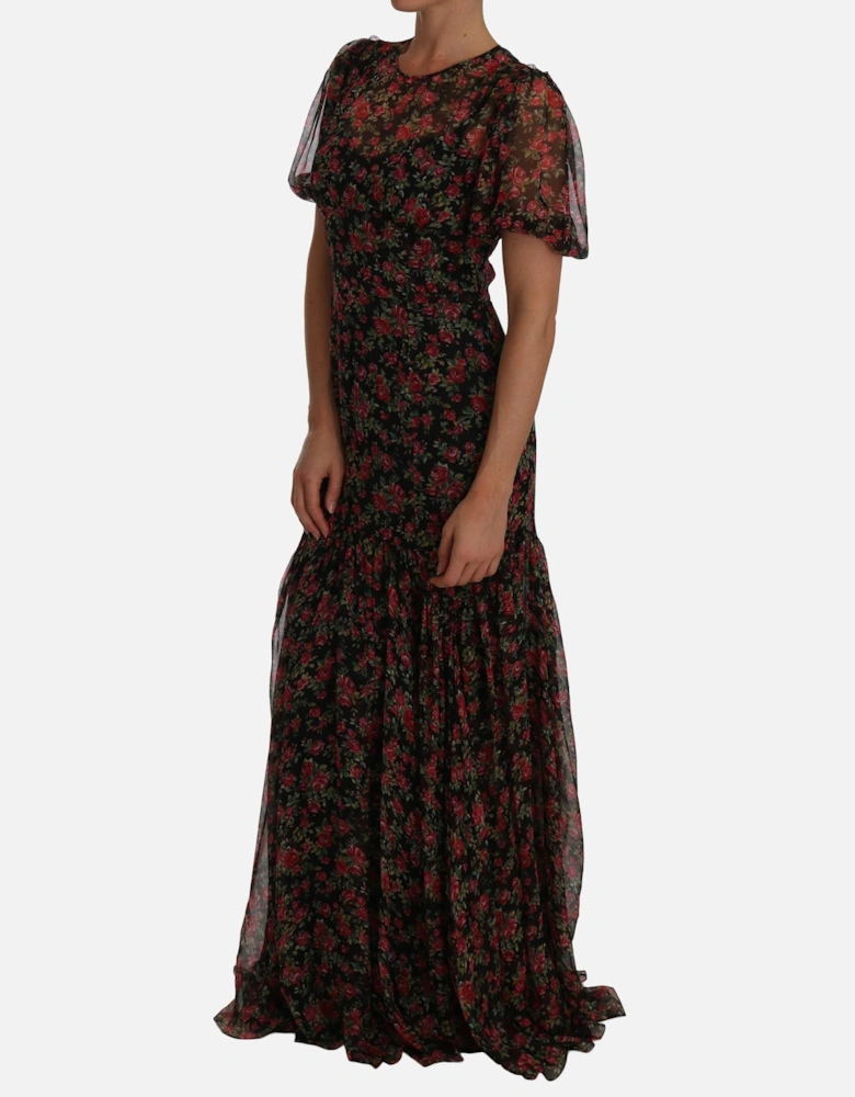 FloralPrint Silk Chiffon Gown Maxi Dress Women - Black Dresses