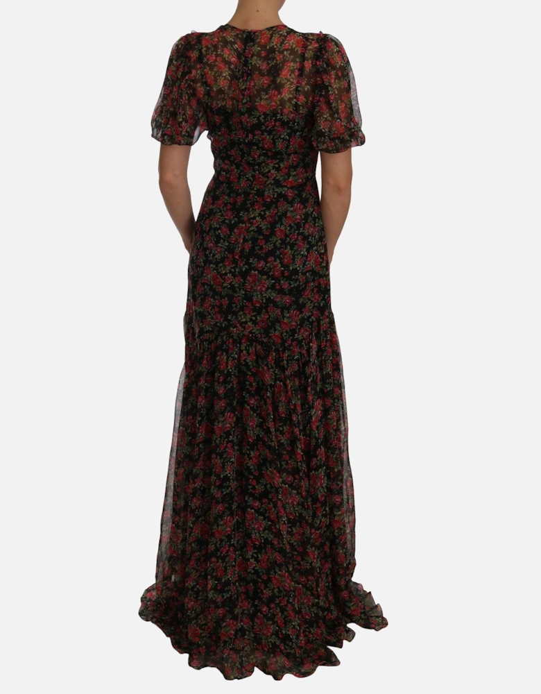 FloralPrint Silk Chiffon Gown Maxi Dress Women - Black Dresses