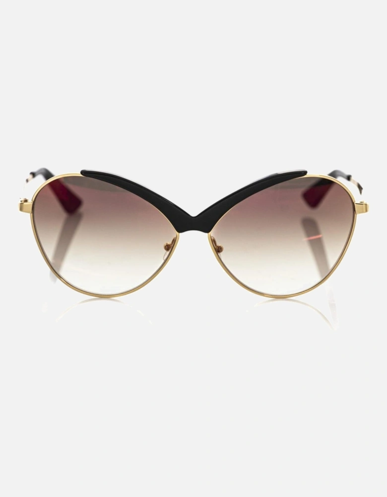 Butterfly-shaped black sunglasses with brown shaded lens. Women
