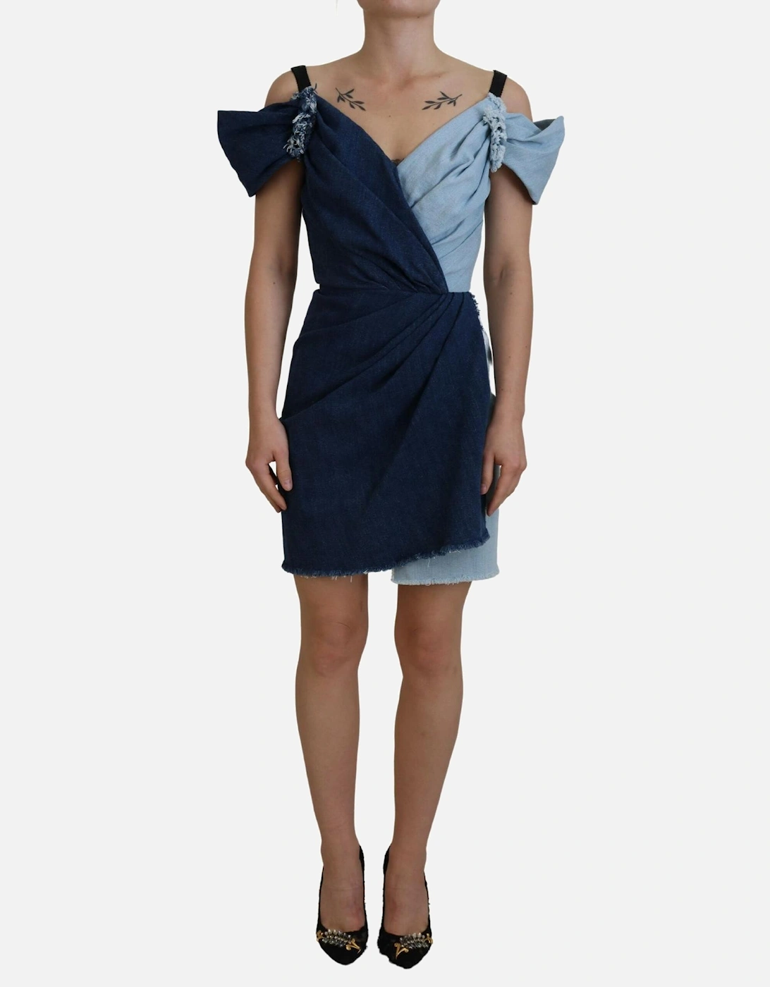 Denim Mini Dress TwoTone Wrap Style Women - Blue Dresses, 7 of 6