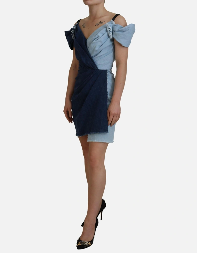 Denim Mini Dress TwoTone Wrap Style Women - Blue Dresses