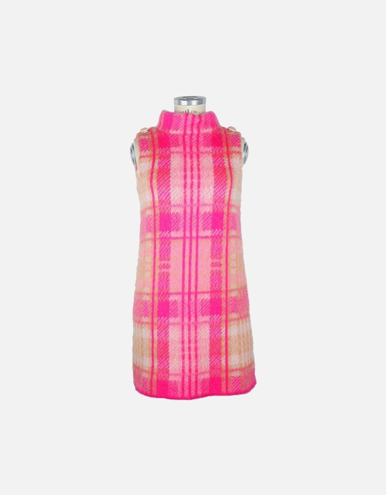 Tartan Motif Sleeveless Knit Dress with Decorative Buttons Women -
