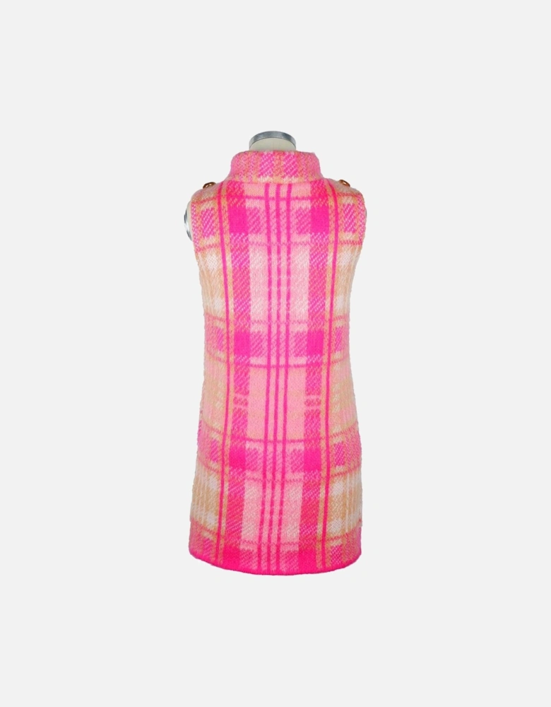 Tartan Motif Sleeveless Knit Dress with Decorative Buttons Women -