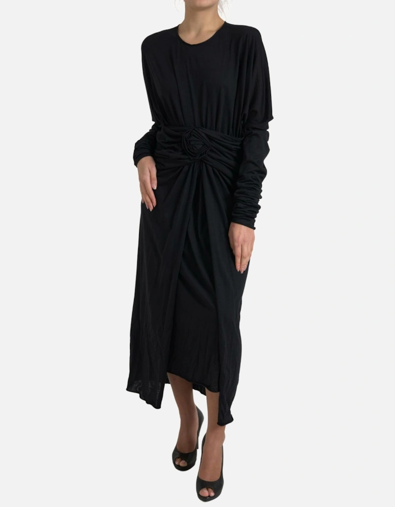 Rose Detail Midi Dress Long Sleeves Women - Black Dresses