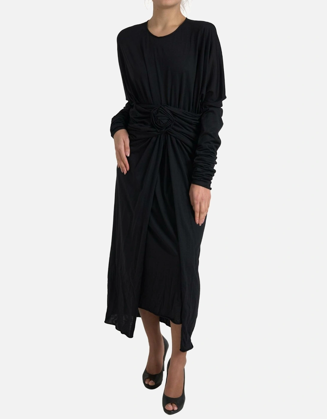 Rose Detail Midi Dress Long Sleeves Women - Black Dresses, 6 of 5