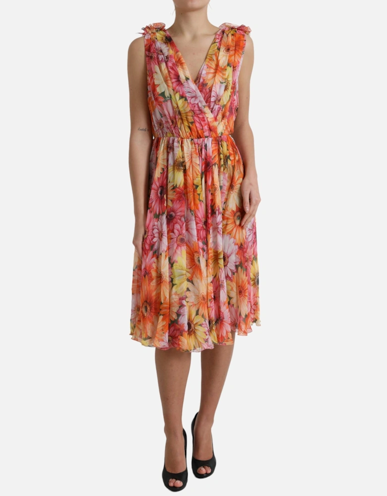 Floral Print Silk Dress with Ruched Detailing and Flared Skirt Women -