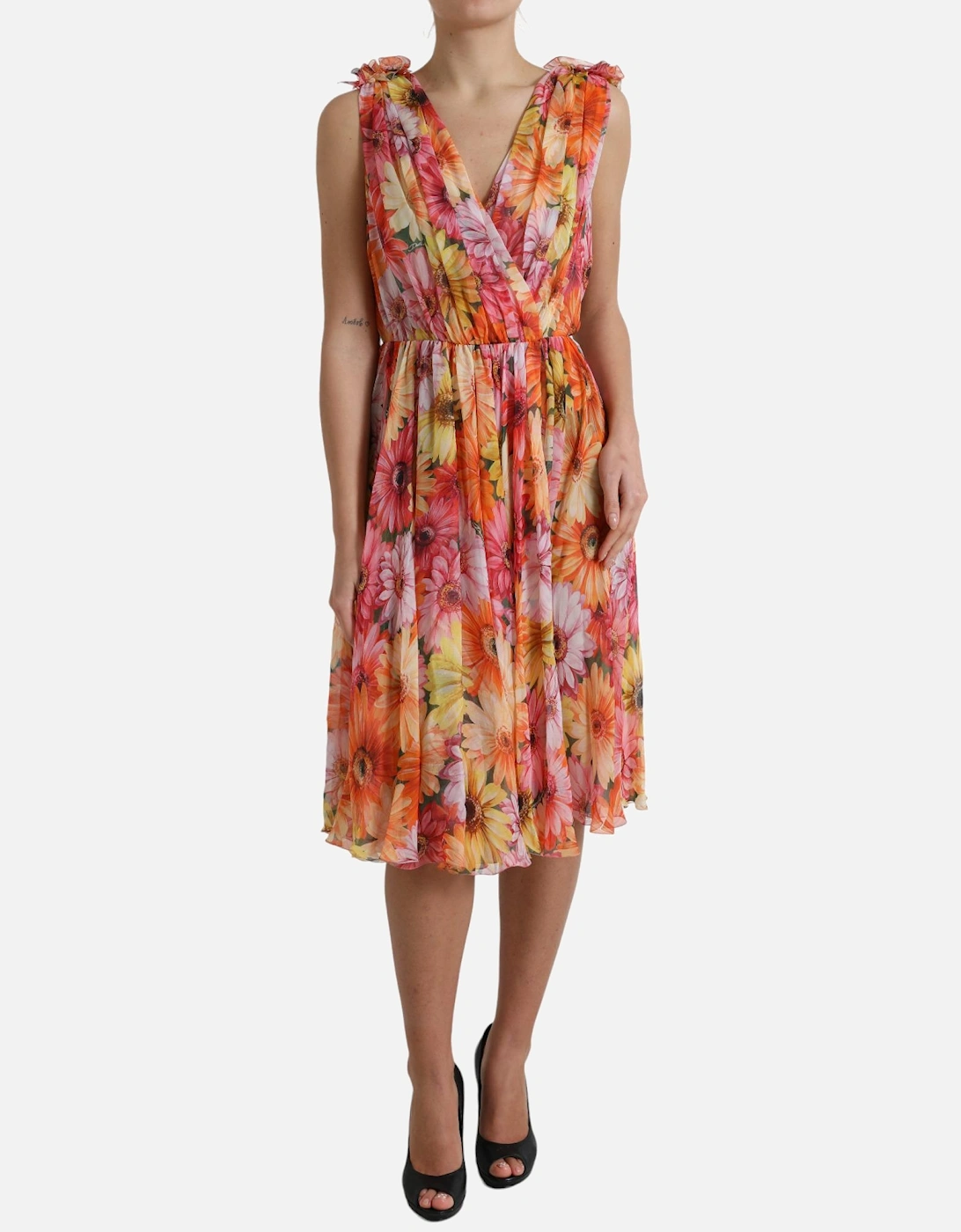 Floral Print Silk Dress with Ruched Detailing and Flared Skirt Women -, 7 of 6