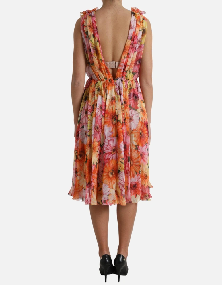 Floral Print Silk Dress with Ruched Detailing and Flared Skirt Women -