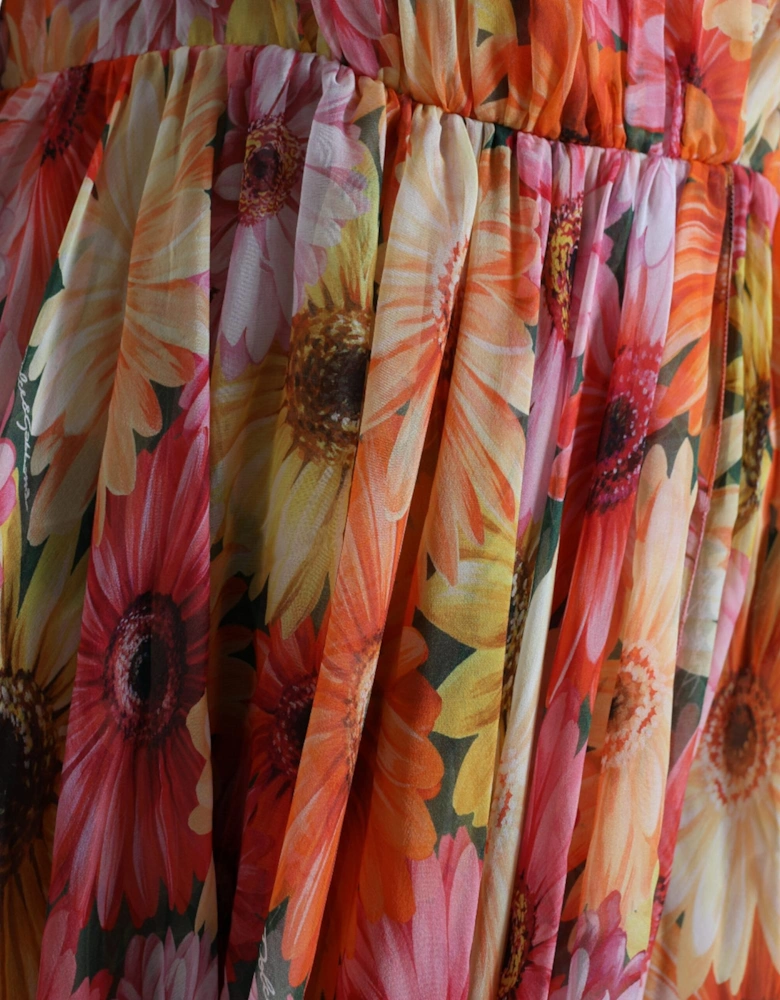 Floral Print Silk Dress with Ruched Detailing and Flared Skirt Women -