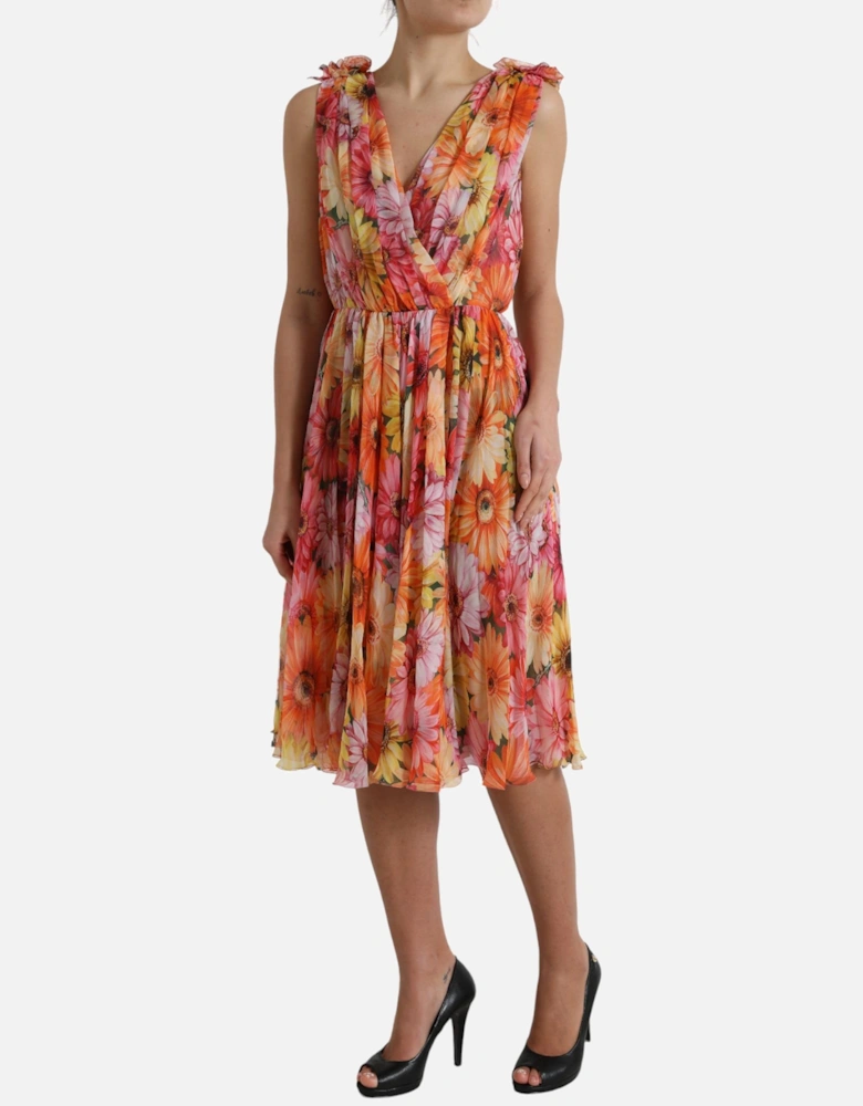 Floral Print Silk Dress with Ruched Detailing and Flared Skirt Women -