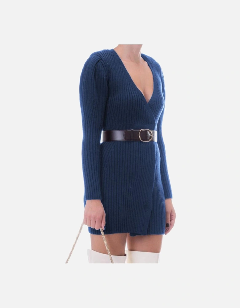 Knit Mini Dress EL8016 VNeck Women - Blue Dresses