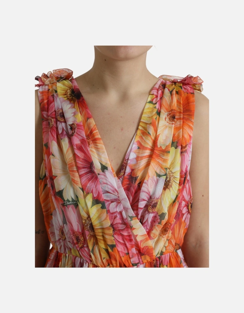 Floral Print Silk Dress with Ruched Detailing and Flared Skirt Women -