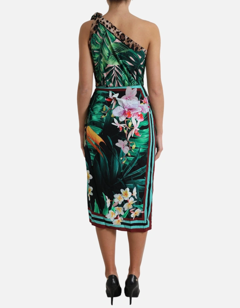 OneShoulder Tropical Print Midi Dress Women - Green Dresses