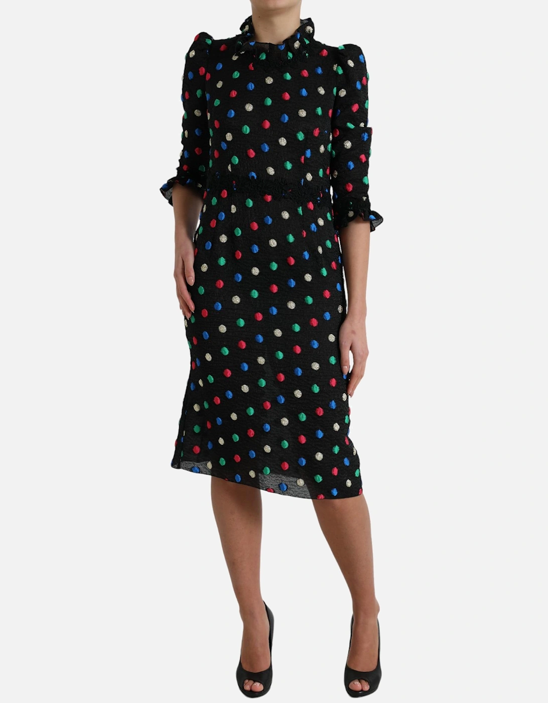 Pencil Dress Multicolor Polka Dot 34 Sleeves Women - Black Dresses