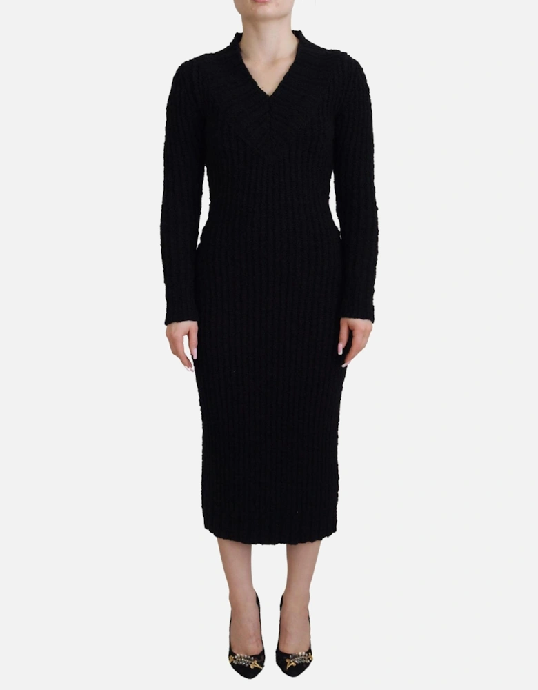 Long Sleeve Ribbed Knit Midi Dress Women - Black Dresses