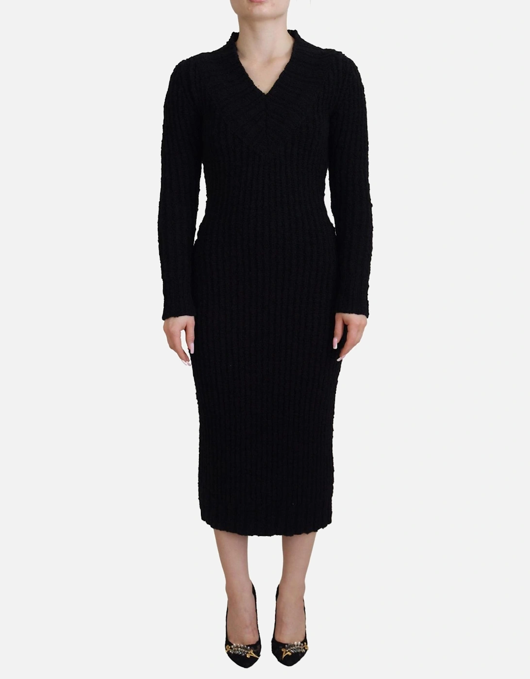 Long Sleeve Ribbed Knit Midi Dress Women - Black Dresses, 7 of 6