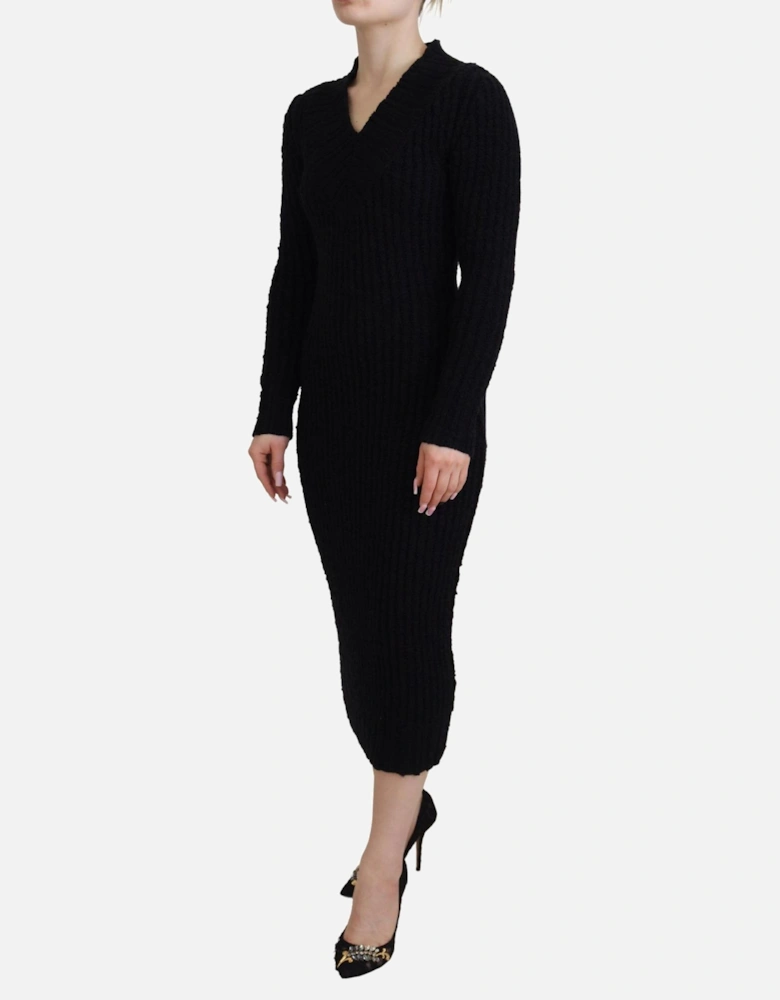 Long Sleeve Ribbed Knit Midi Dress Women - Black Dresses