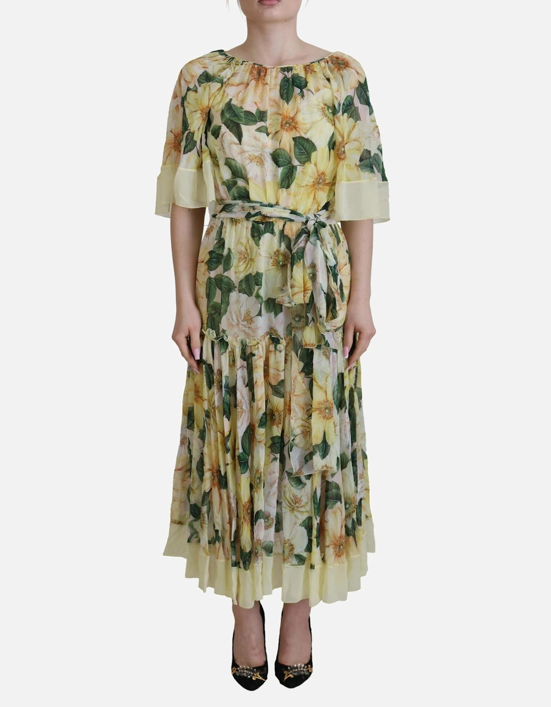 FloralPrint Silk Midi Dress Women - Yellow Dresses, 7 of 6
