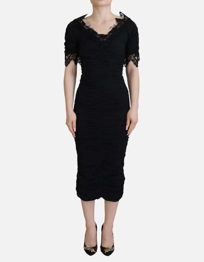 Ruched Midi Dress Short Sleeves Women - Black Dresses
