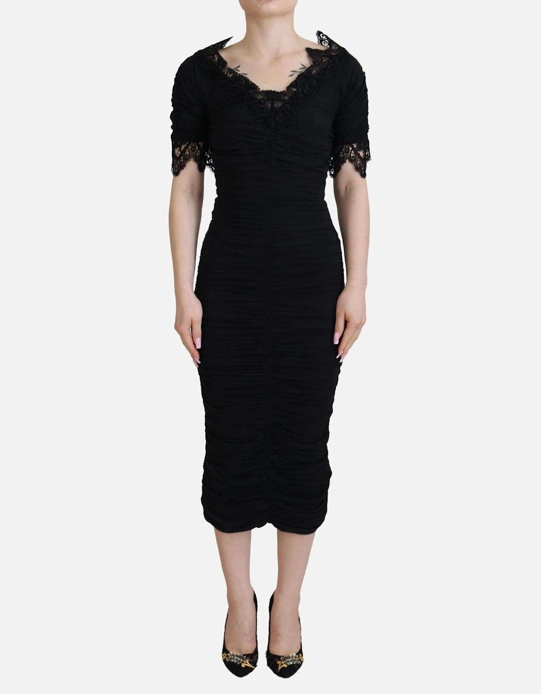 Ruched Midi Dress Short Sleeves Women - Black Dresses, 7 of 6