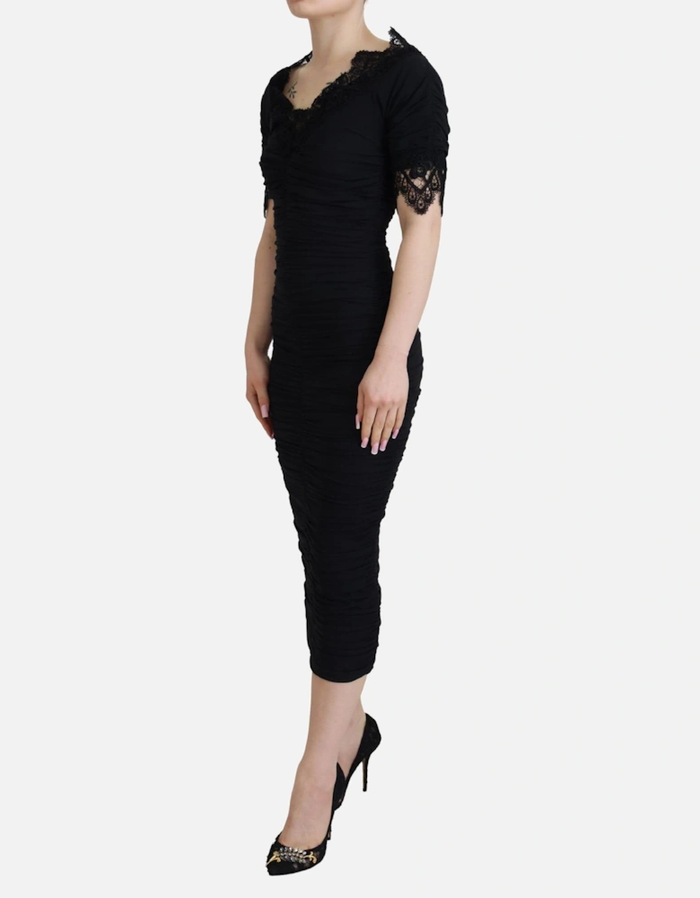 Ruched Midi Dress Short Sleeves Women - Black Dresses