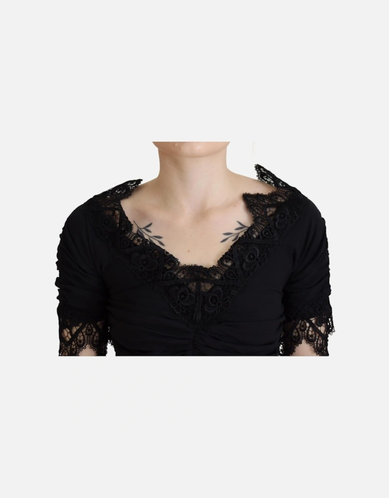 Ruched Midi Dress Short Sleeves Women - Black Dresses
