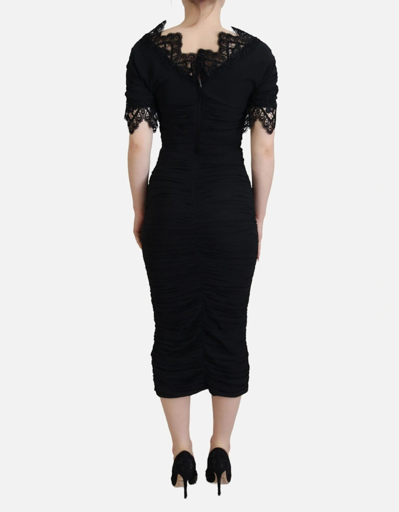 Ruched Midi Dress Short Sleeves Women - Black Dresses