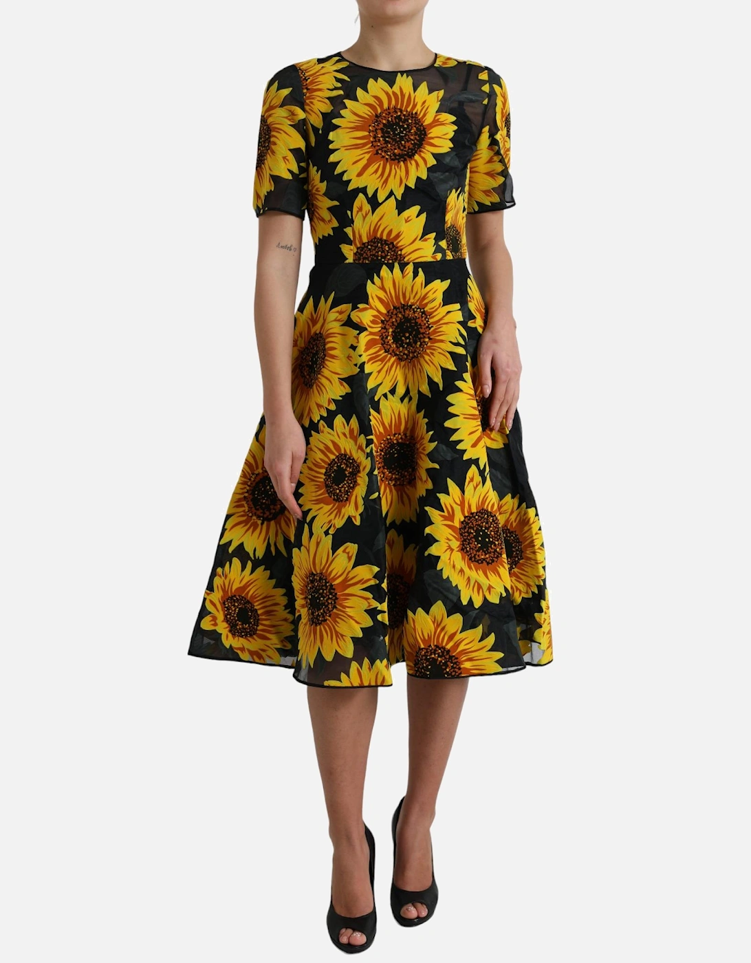 Sunflower Print A-Line Midi Dress Women - Black Dresses, 7 of 6