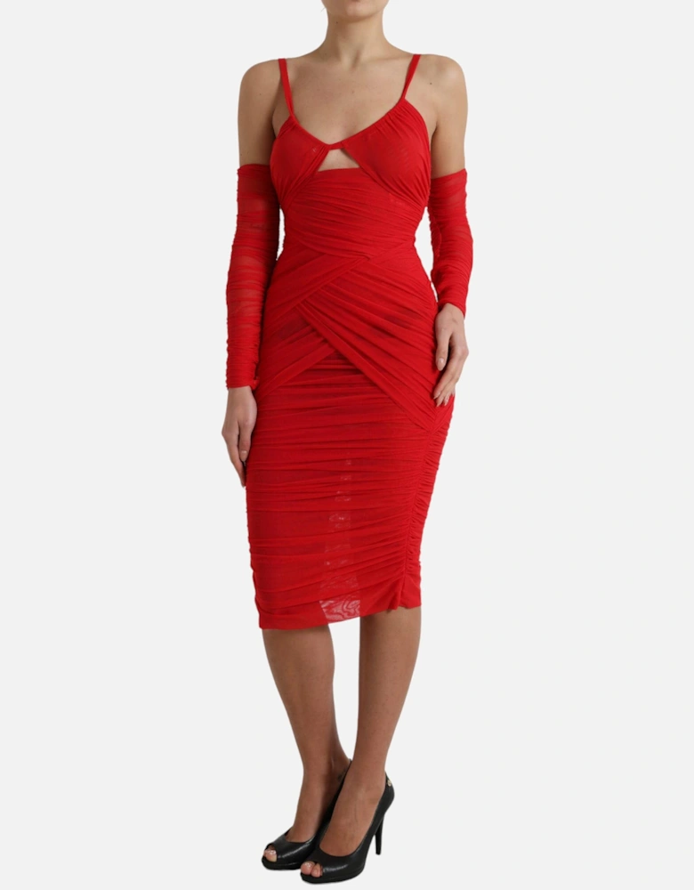 Ruched Mesh Midi Dress Red Long Sleeve Dress Women Dresses