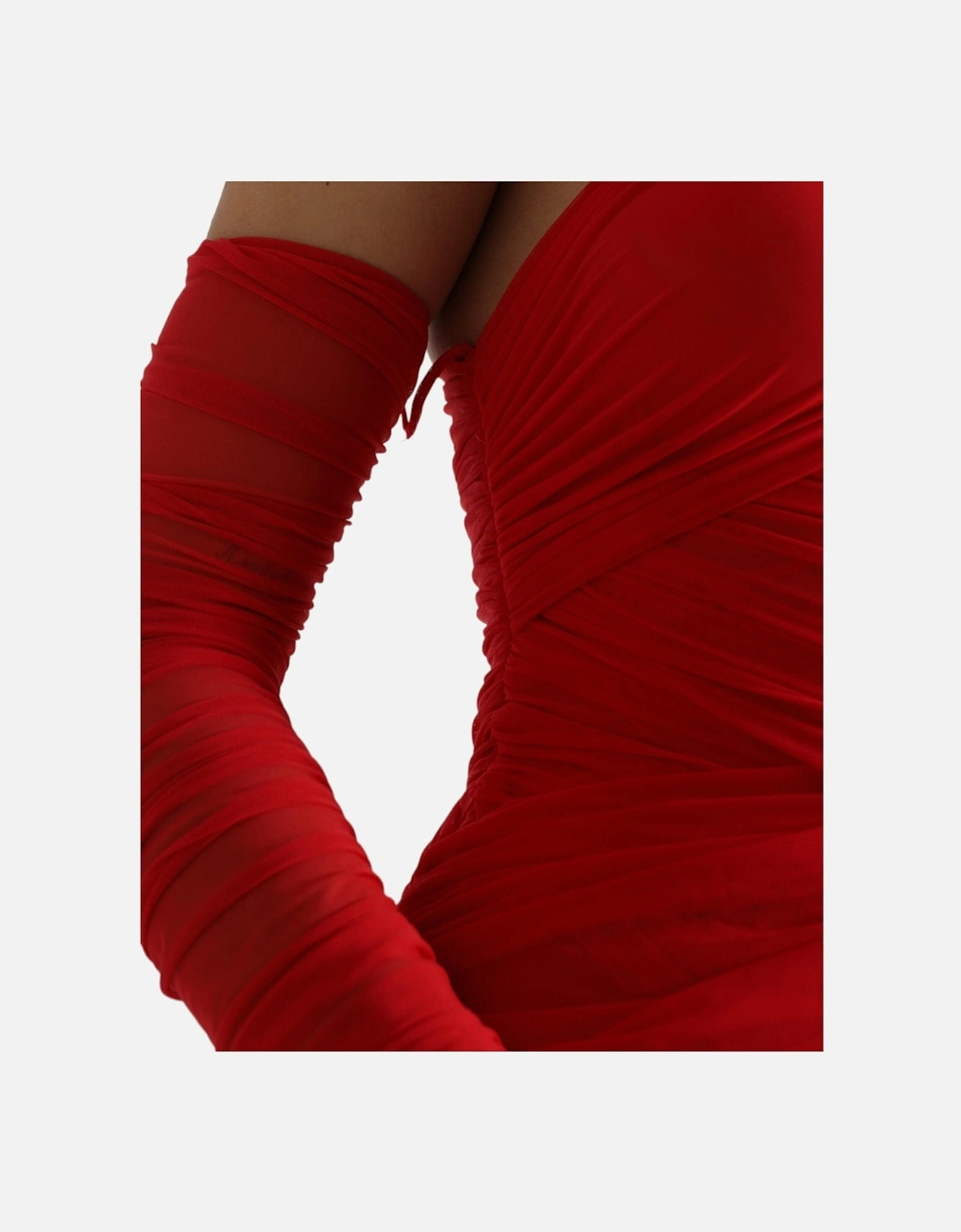 Ruched Mesh Midi Dress Red Long Sleeve Dress Women Dresses