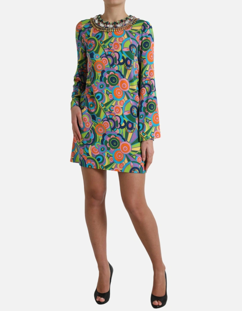 Op Art Mini Dress Jewel Neck Long Sleeve Women - Multicolor Dresses