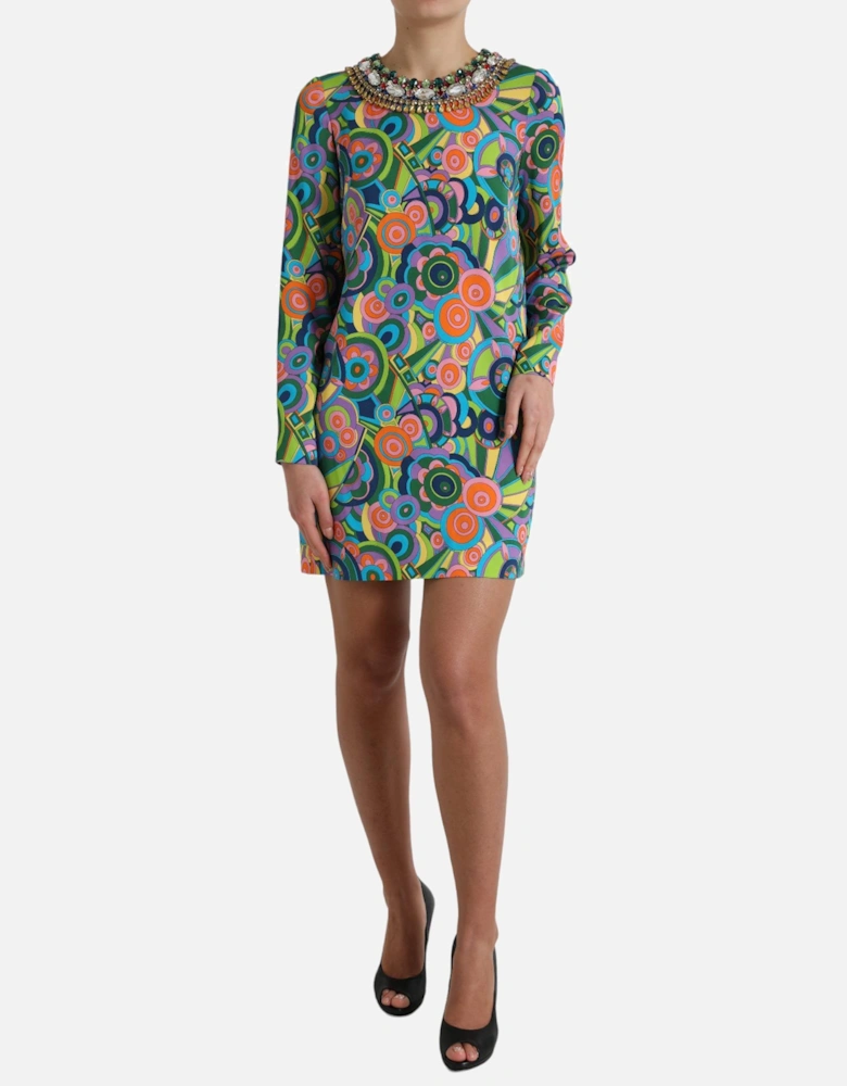 Op Art Mini Dress Jewel Neck Long Sleeve Women - Multicolor Dresses