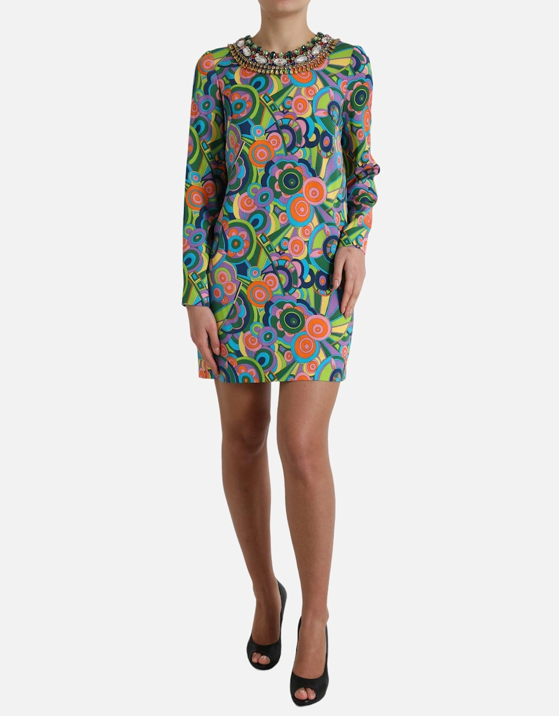 Op Art Mini Dress Jewel Neck Long Sleeve Women - Multicolor Dresses, 7 of 6