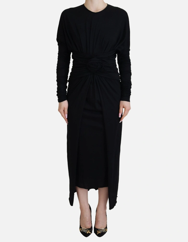 Rose Detail Midi Dress Long Sleeve Knit Midi Dress Women - Black