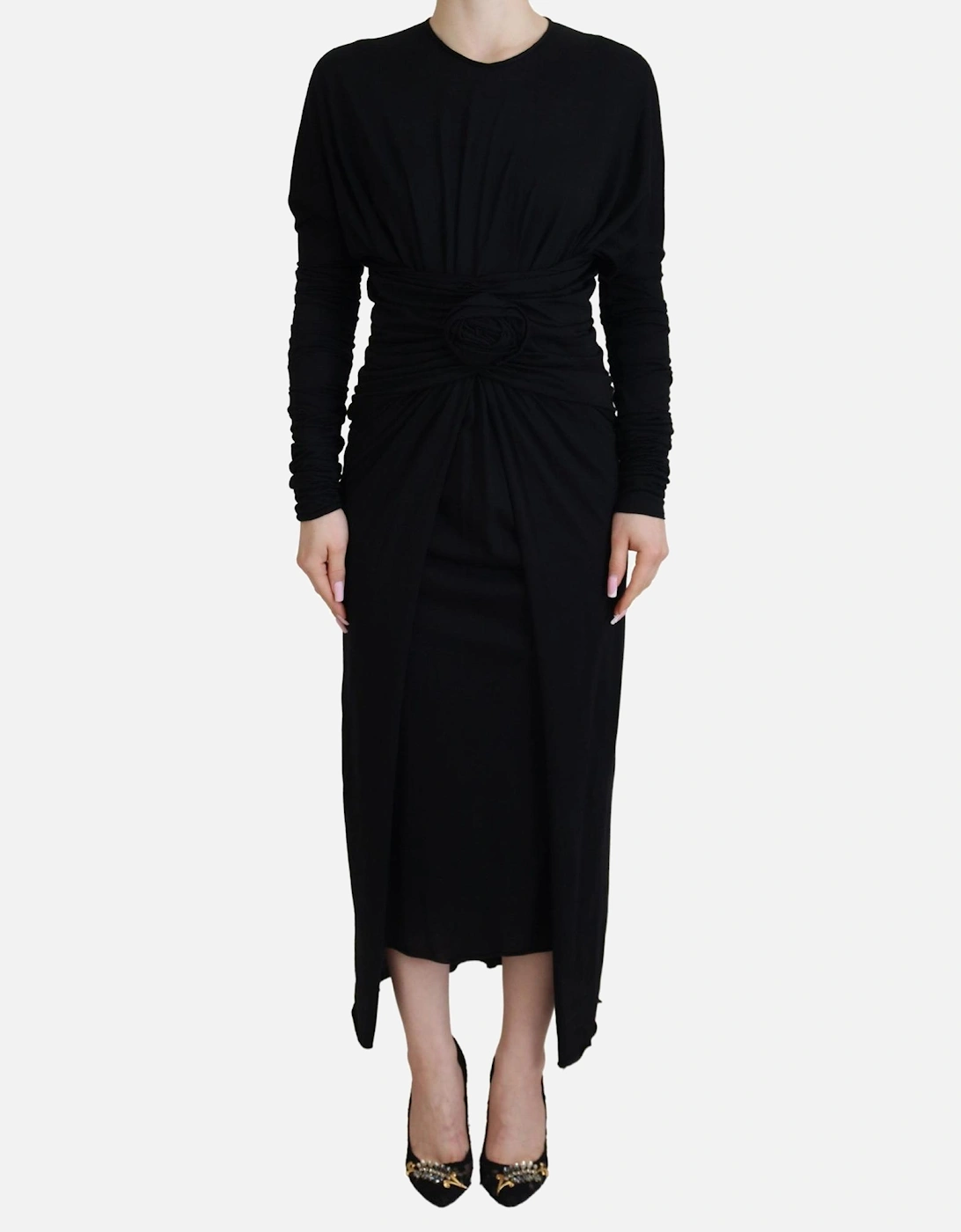 Rose Detail Midi Dress Long Sleeve Knit Midi Dress Women - Black, 6 of 5