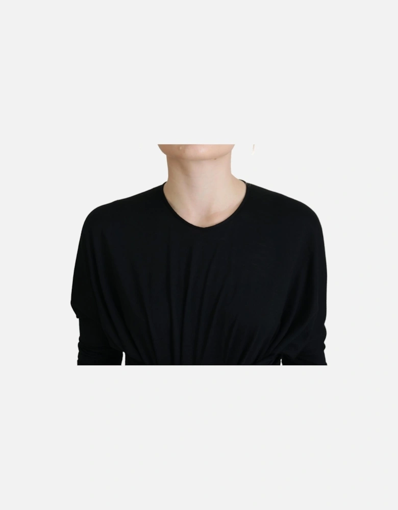 Rose Detail Midi Dress Long Sleeve Knit Midi Dress Women - Black