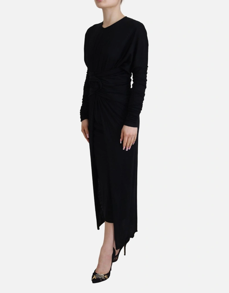Rose Detail Midi Dress Long Sleeve Knit Midi Dress Women - Black