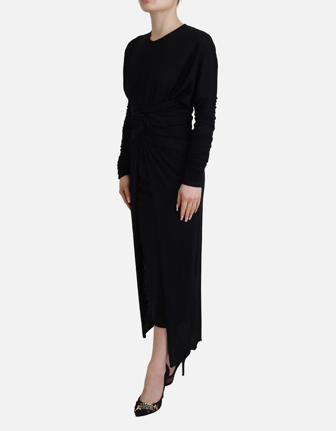 Rose Detail Midi Dress Long Sleeve Knit Midi Dress Women - Black